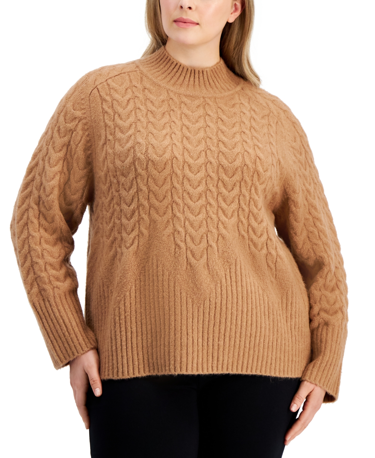 Calvin Klein Plus Size Cable-knit Mock Neck Sweater In Cafe Ole