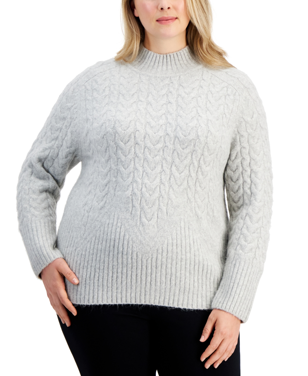 Calvin Klein Plus Size Cable-knit Mock Neck Sweater In Heather Dove