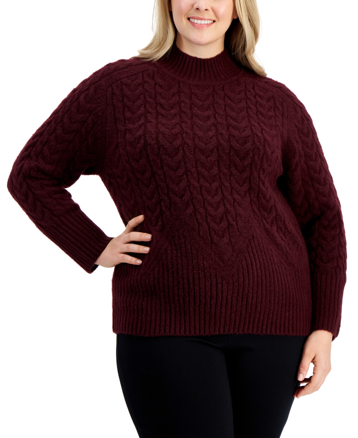 Calvin Klein Plus Size Cable-knit Mock Neck Sweater In Port