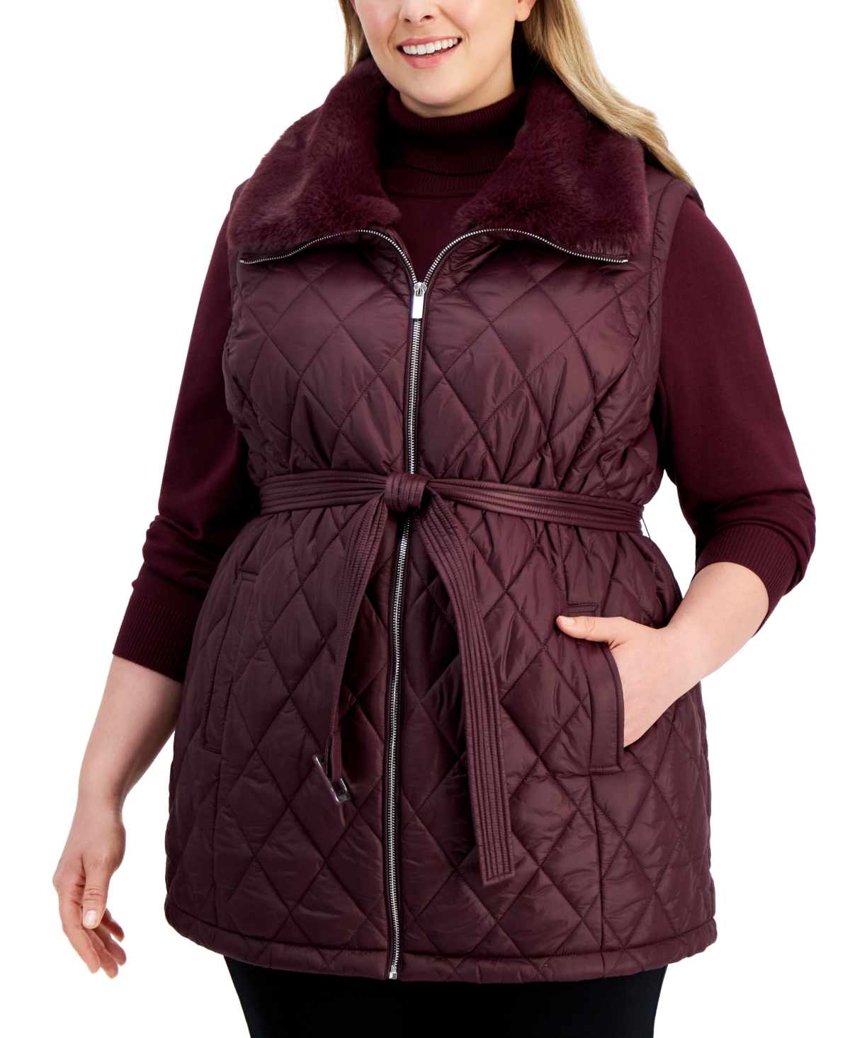 Calvin Klein Plus Size Faux-fur-trimmed Quilted Puffer Vest In Port