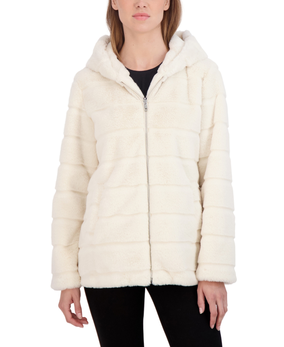 Women's Hooded Grooved Faux Fur Zip Front Coat - White