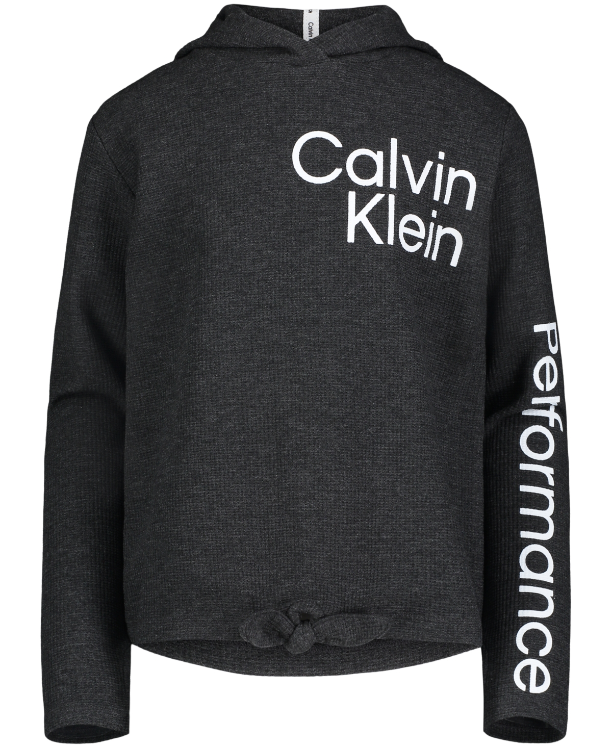 Calvin Klein Performance Big Girls Waffle Knit Tie-front Long Sleeve Hoodie In Dark Charcoal