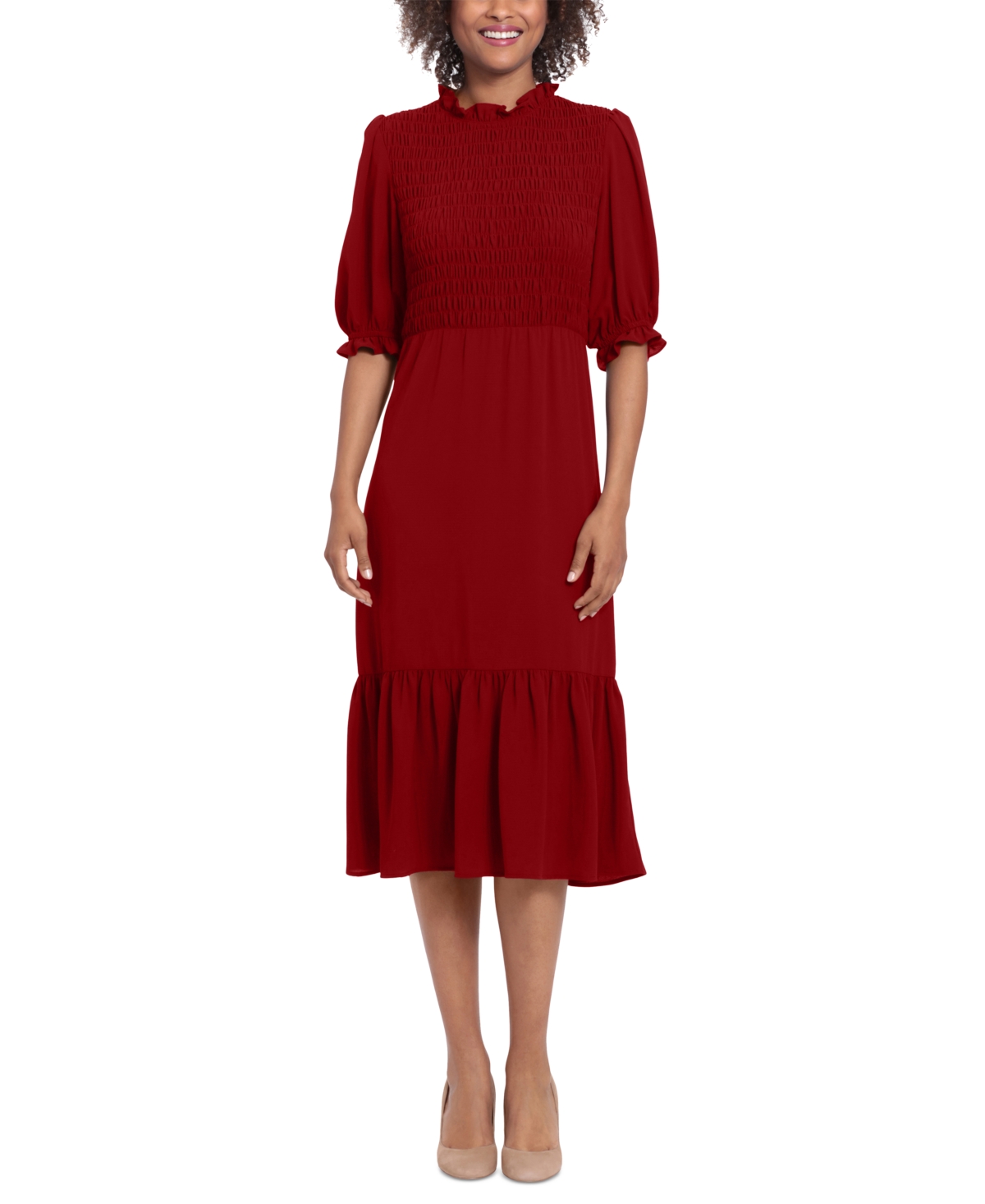 Women's Smocked-Bodice Tiered Midi Dress - Red