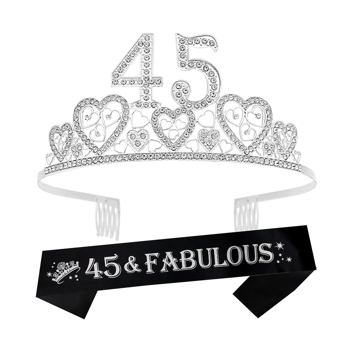 45th Birthday Sash and Tiara Set for Women - Glittery Sash with Hearts and Silver Rhinestone Metal Tiara, Perfect 45th Birthday Party Gifts and Access