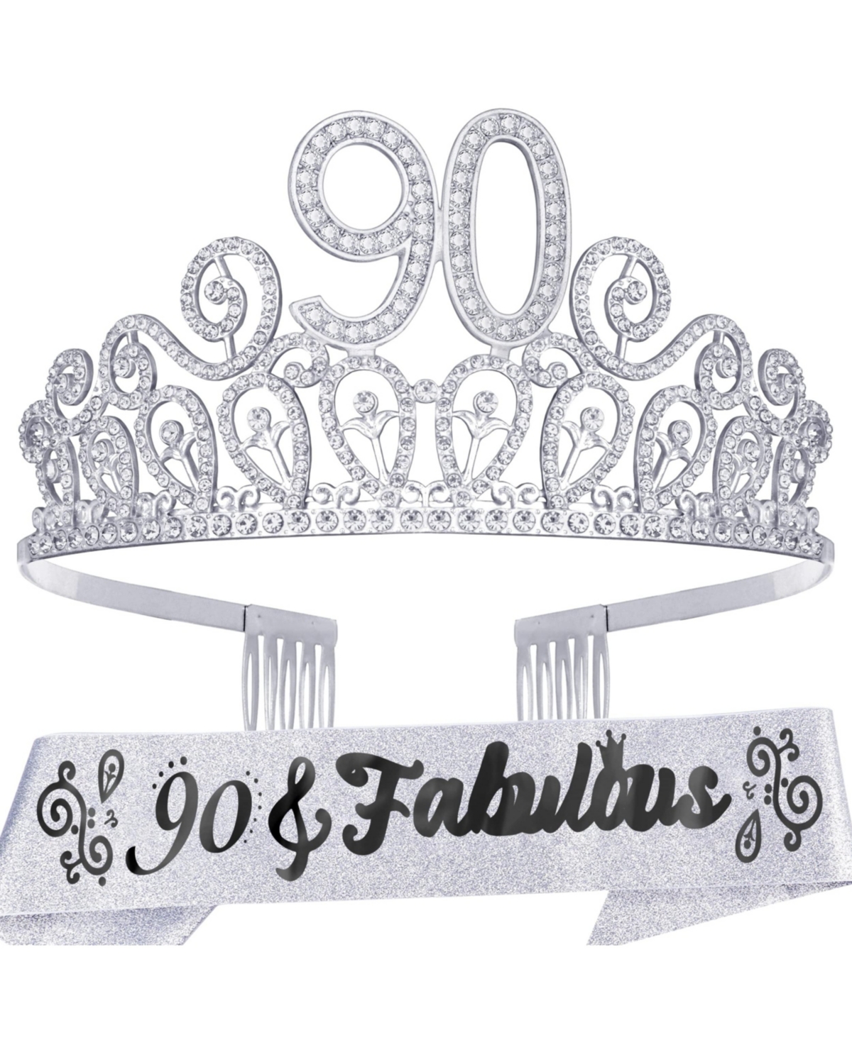 90th Birthday Sash and Tiara for Women - Glitter Sash and Ripples Rhinestone Silver Metal Tiara, Perfect for 90th Birthday Celebrations and