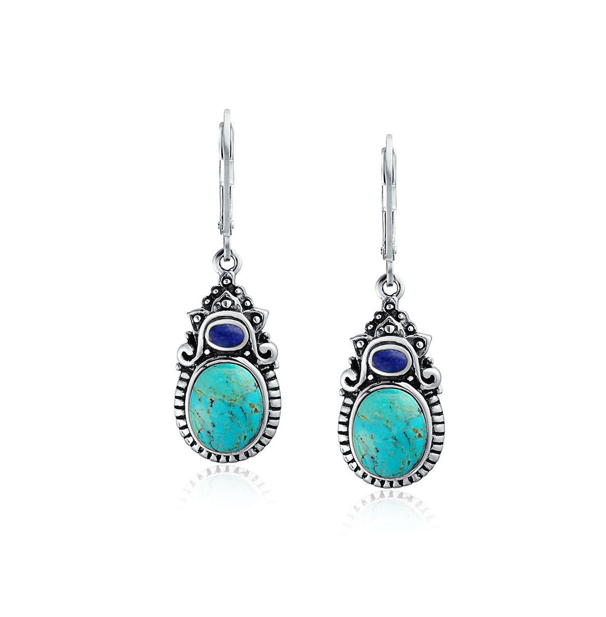 Bling Jewelry South Western Style Multi Stones Natural Stabilized Turquoise Oval Lapis Lever back Dangle Earrings For Women Sterling Silver