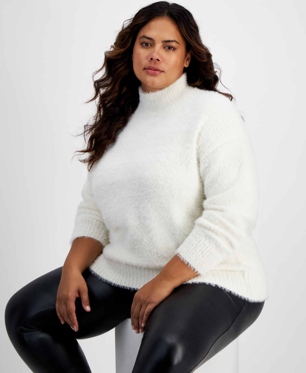 And Now This Trendy Plus Size Eyelash Mock Neck Sweater In Egret