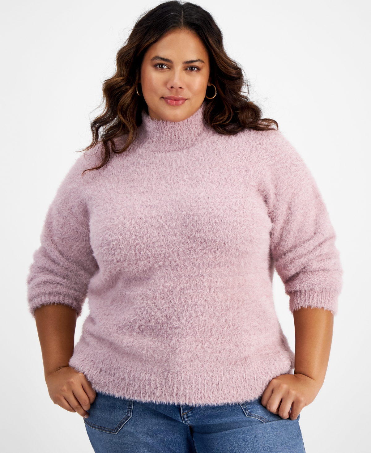 And Now This Trendy Plus Size Eyelash Mock Neck Sweater In Mauve Shadows