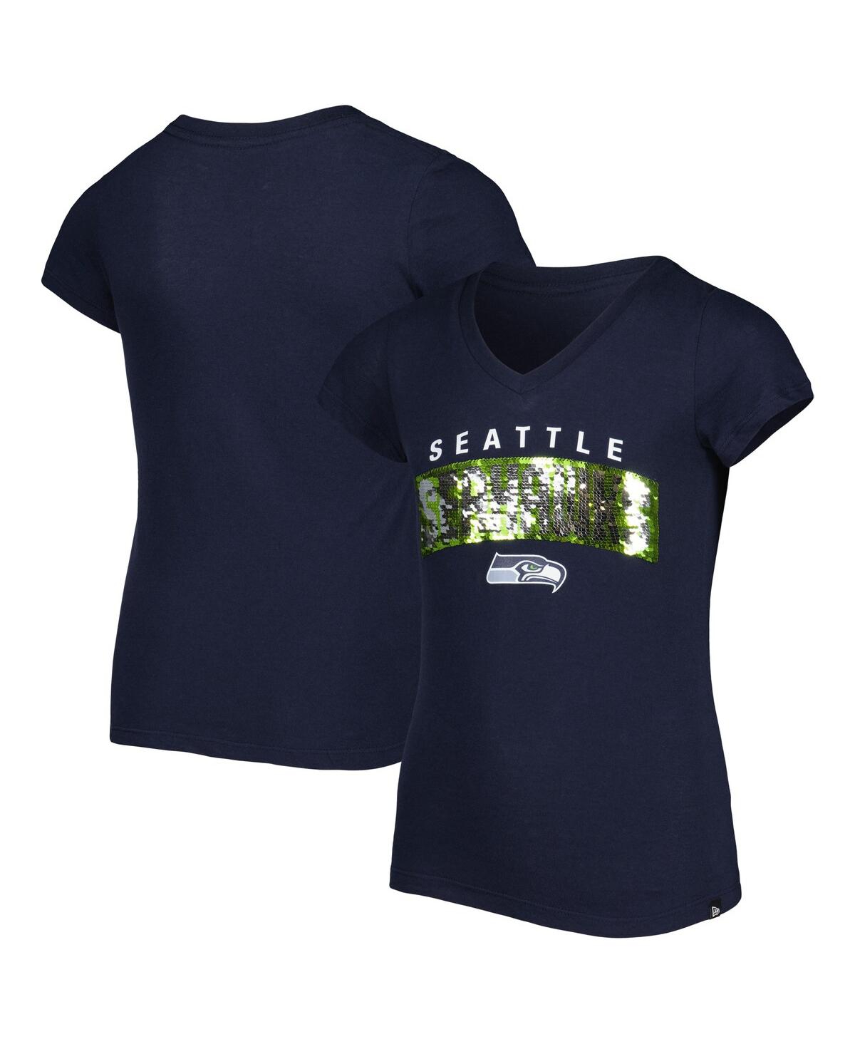 Shop New Era Big Girls  College Navy Seattle Seahawks Reverse Sequin Wordmark V-neck T-shirt