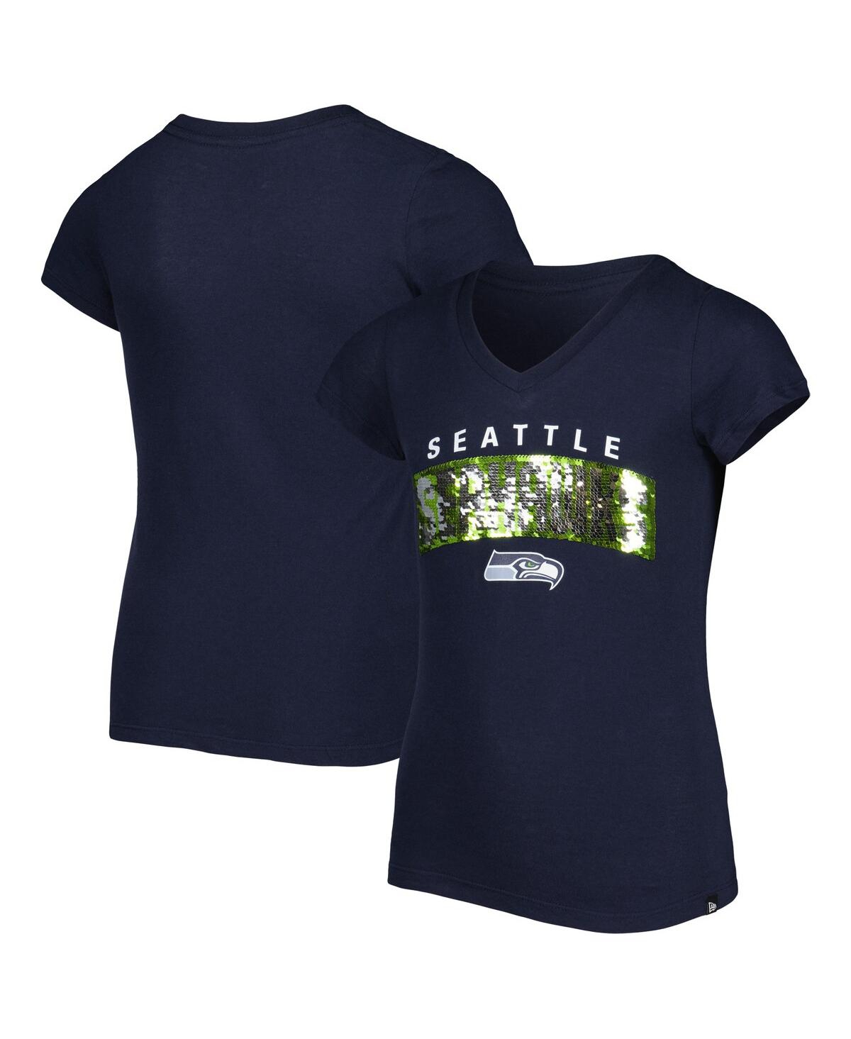 New Era Girls Youth  College Navy Seattle Seahawks Reverse Sequin Wordmark V-neck T-shirt In Navy