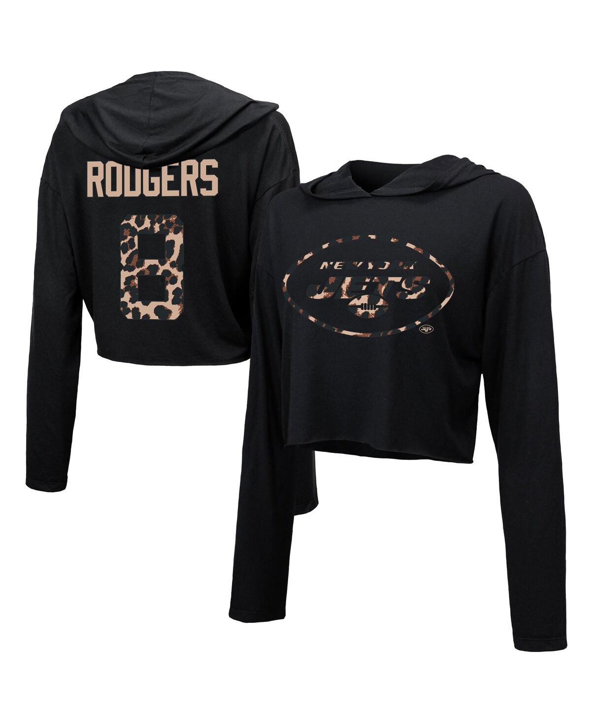 Women's Majestic Threads Aaron Rodgers Black New York Jets Leopard Player Name and Number Long Sleeve Cropped Hoodie T-shirt - Black