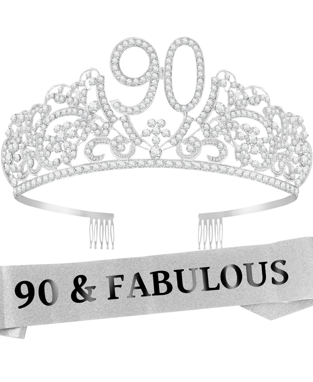 VeryMerryMakering 90th Birthday Sash and Tiara for Women - Glitter Sash with Flowers and Rhinestone Silver Metal Tiara, Perfect 90th Birthday Gifts fo