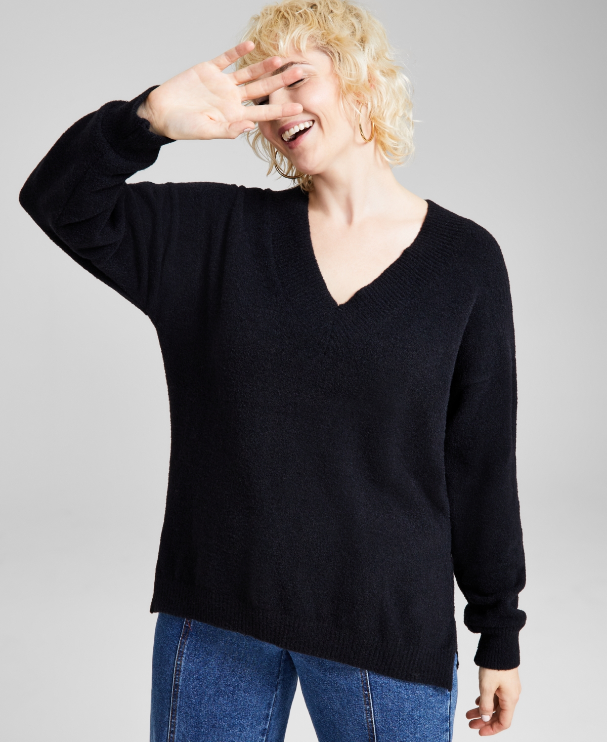 And Now This Women's Raglan-sleeve V-neck Sweater, Created For Macy's In Black
