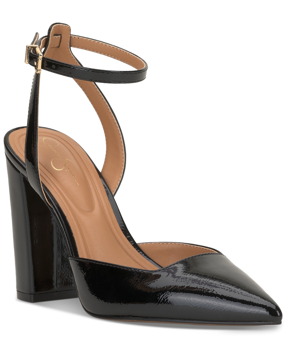 Women's Nazela Ankle Strap Pointed Toe Pumps - Black Patent Faux Leather