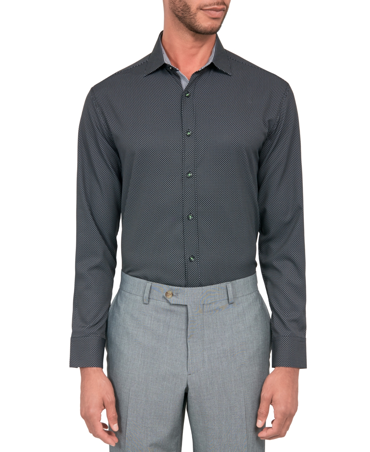 Men's Regular Fit Non-Iron Dot Print Performance Dress Shirt - Black