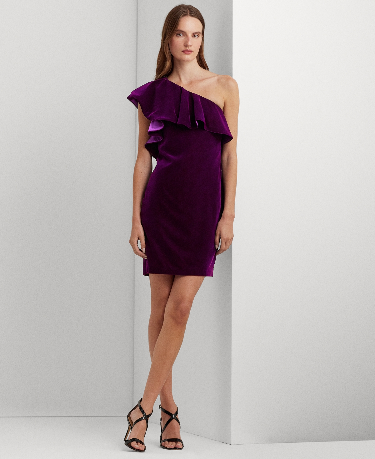 Lauren Ralph Lauren Women's Velvet One-shoulder Sheath Dress In Dark Purple Agate Velvet