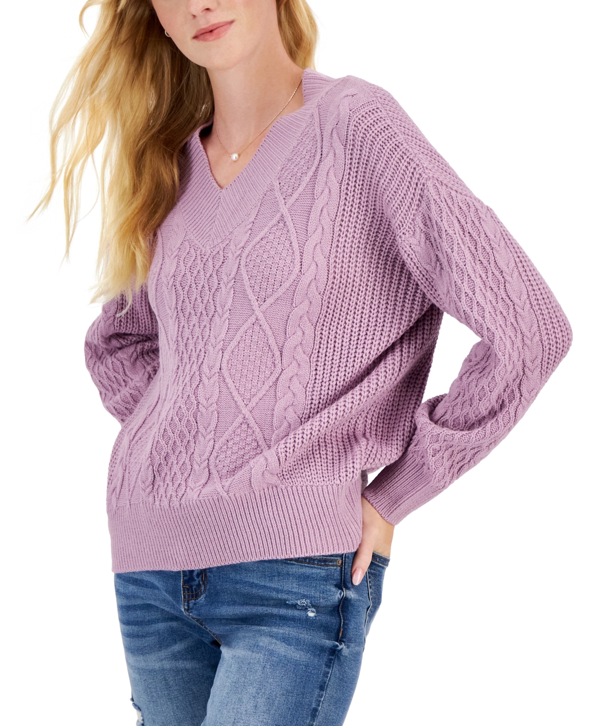 Juniors' V-Neck Cable-Knit Sweater - Lilac Moon