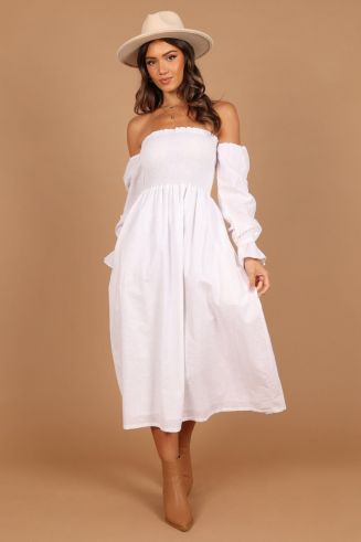 knee length dresses for ladies Linen Blend White Off Shoulder Midi Dress - All Dresses main image 0