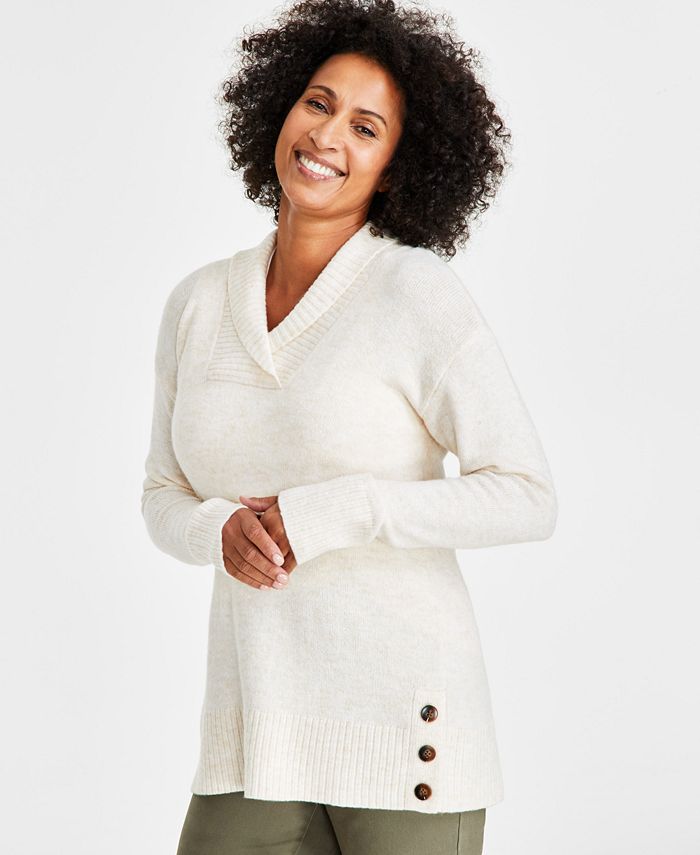 Style & Co Petite Shawl-Collar Tunic Sweater, Created for Macy's - Pebble Heather - Size PXL