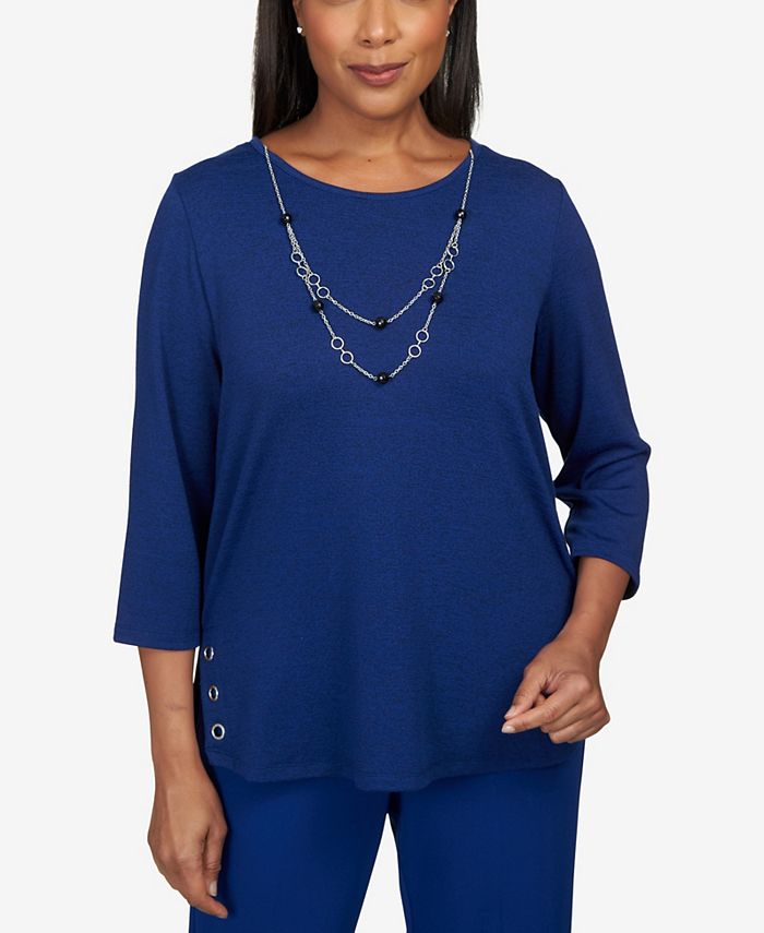 Alfred Dunner Women's Downtown Vibe Heather Melange 3/4 Sleeve Top with Necklace Macy's