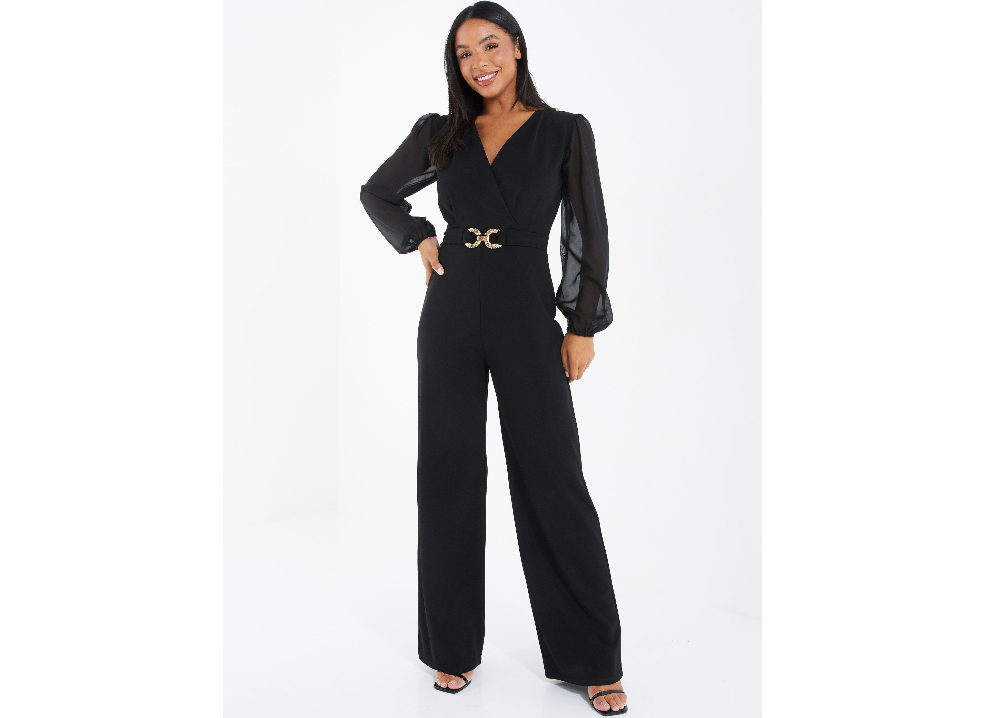 Quiz Women's Black Chiffon Buckle Palazzo Jumpsuit