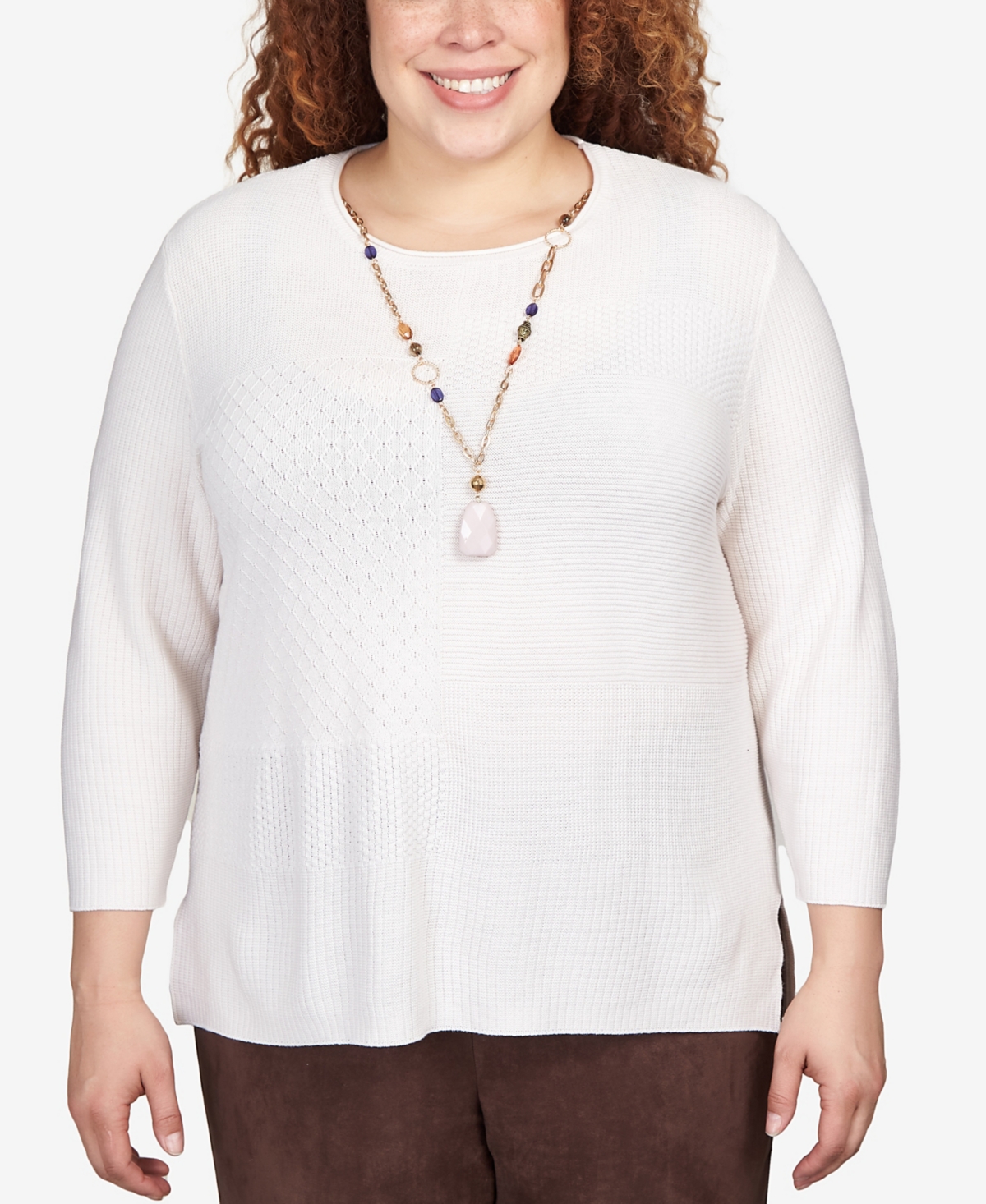Plus Size Autumn Weekend Solid Texture Split Hem Sweater with Necklace - Ivory