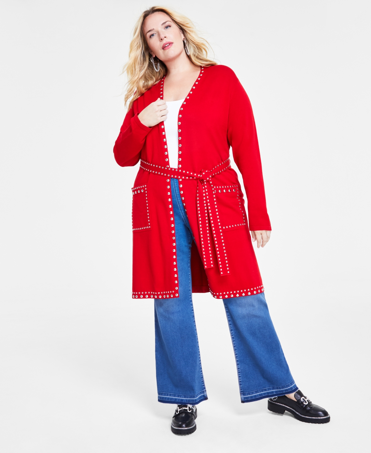 Inc International Concepts Plus Size Studded Cardigan, Created For Macy's In Red Zenith