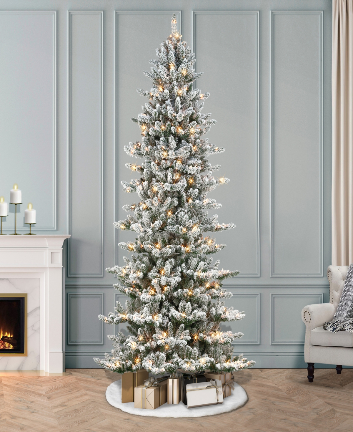 Puleo 9' Pre-lit Slim Flocked Royal Majestic Artificial Spruce Tree In Green