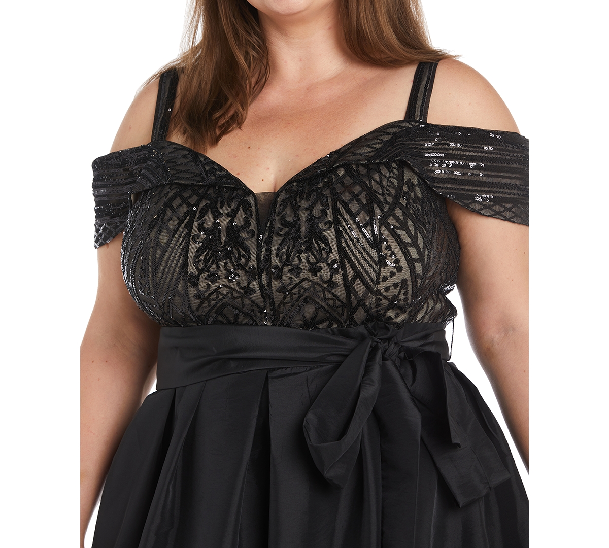 R & M Richards Plus Size Sequined Cold-Shoulder Gown -nude