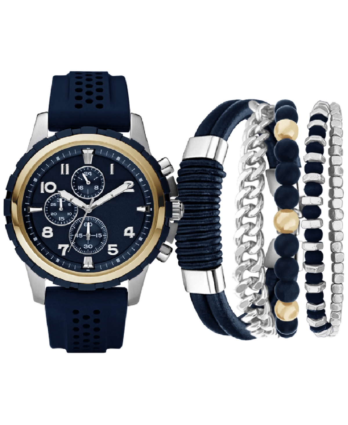 Men's Navy Perforated Silicone Strap Watch 45mm Gift Set - Black