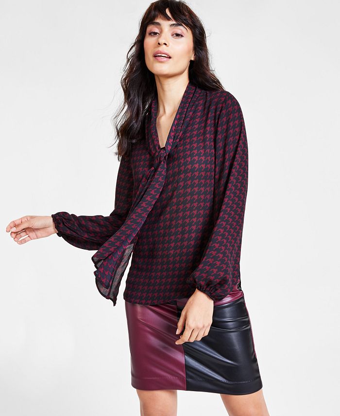 Bar III Women's Houndstooth TieNeck LongSleeve Blouse, Created for