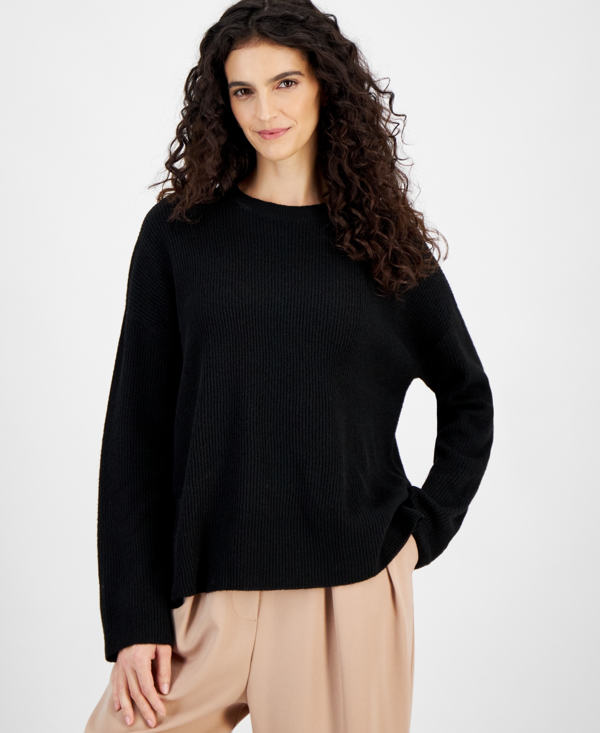 Women's Ribbed Crewneck Sweater, Created for Macy's - Black
