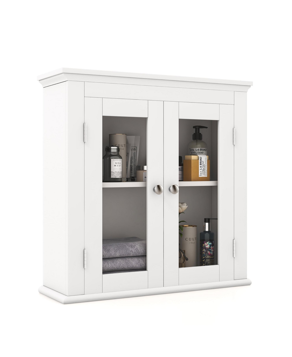 2-Door Bathroom Wall Mount Medicine Cabinet with Tempered Glass & Adjustable Shelf - White