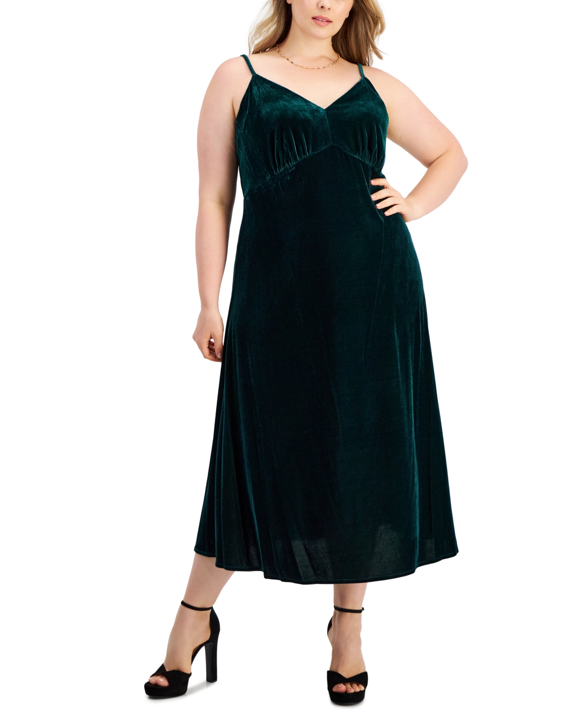 Shop Taylor Plus Size Velvet Empire-waist Sleeveless Midi Dress In Pea Green