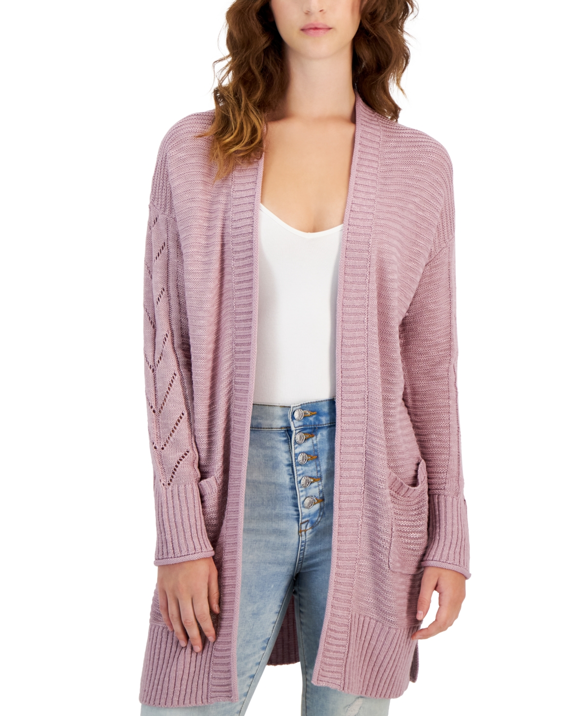 Pink Rose Juniors Longline Patch Pocket Cardigan Dusty Indigo