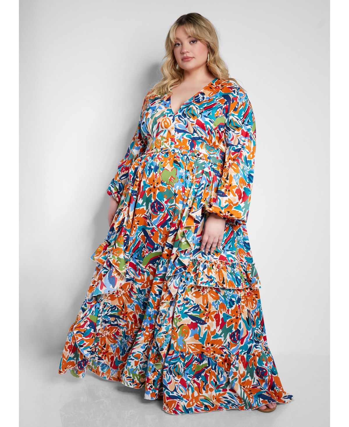 Women's Plus Size V Neck Maxi A Line Dress - Orange