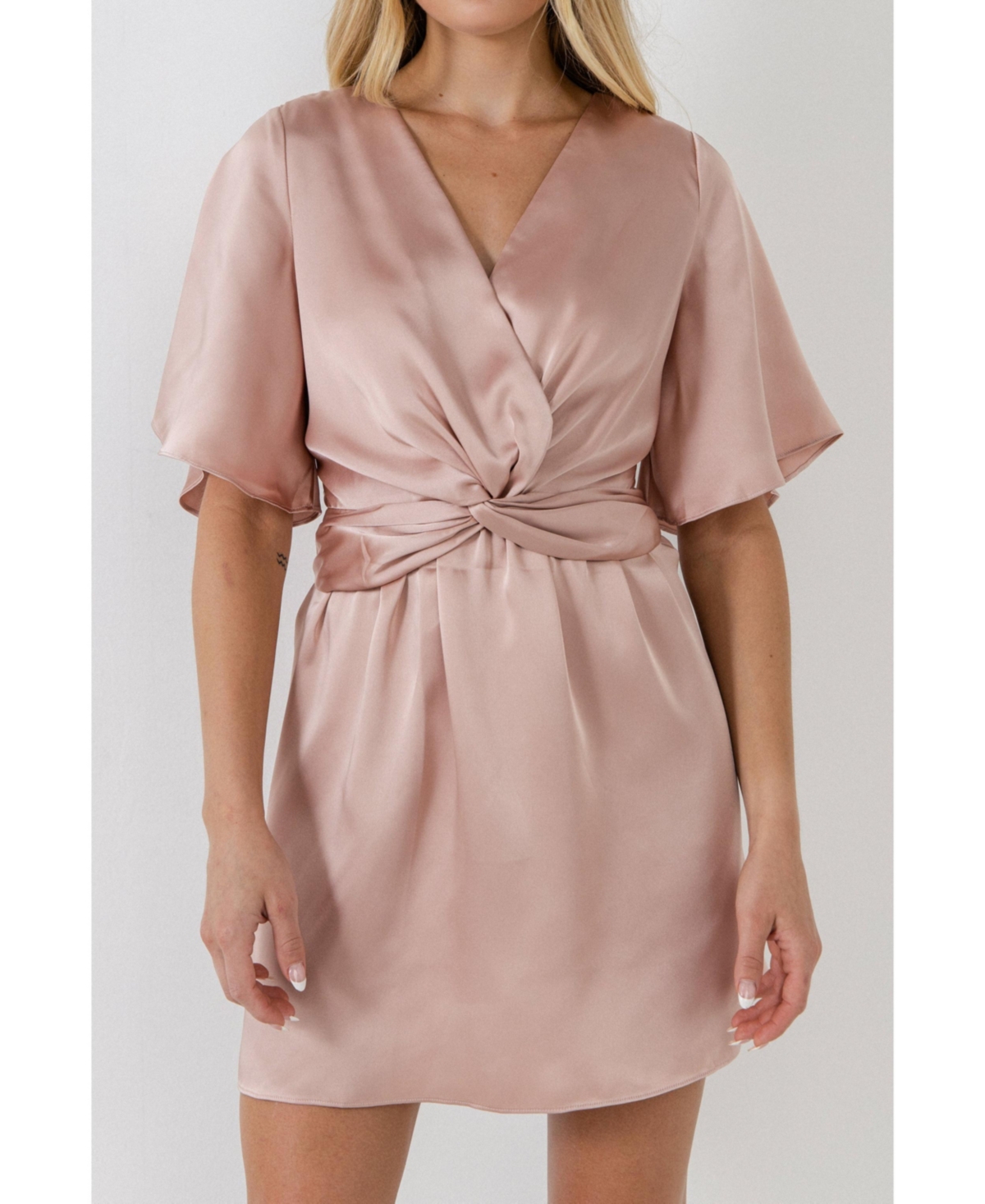 Women's Knotted Satin Mini Dress - Dusty pink