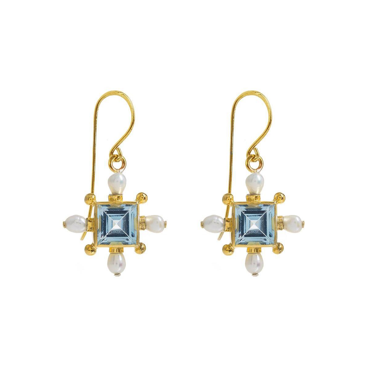 Blue Topaz Cross Earrings - Gold