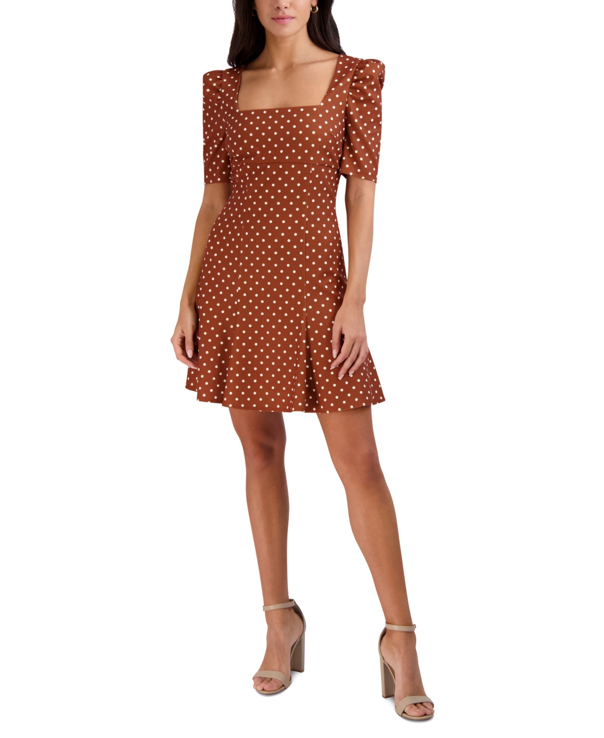 Women's Square-Neck Scuba-Crepe Fit & Flare Dress - Polka Dot Gingerbread