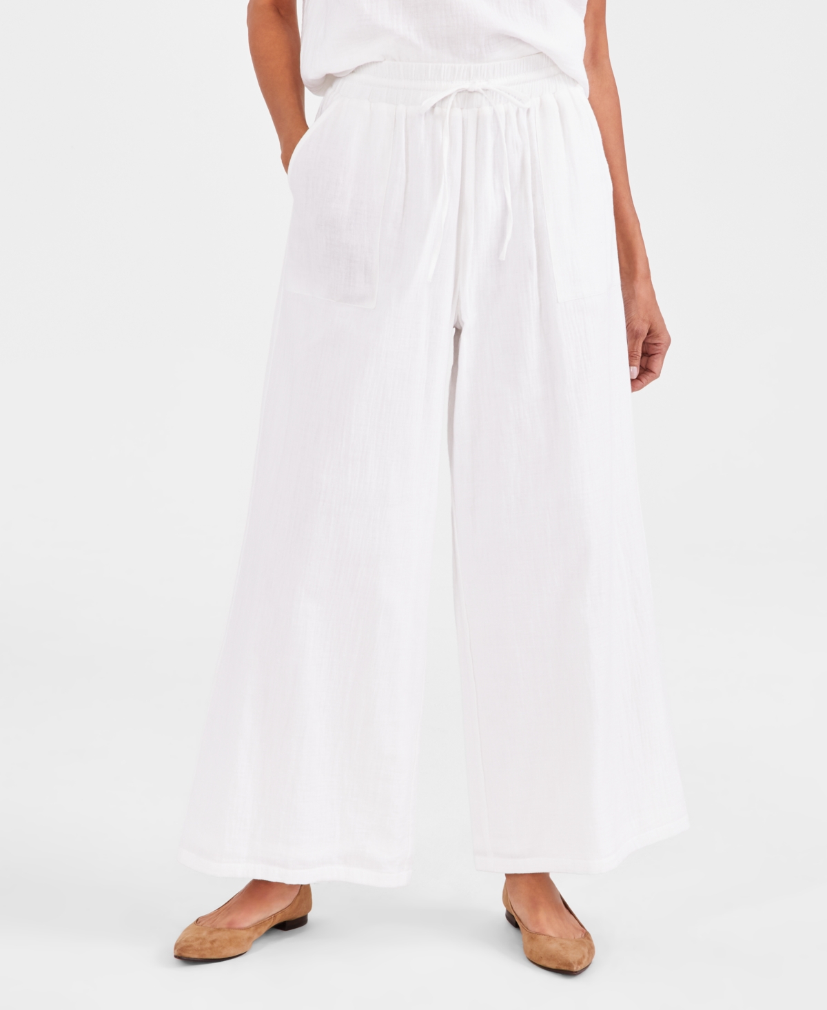 Women's Cotton Gauze Wide-Leg Pants, Created for Macy's - Bright White