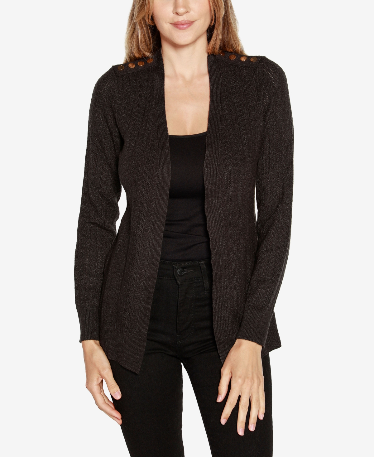 Belldini Black Label Women's Open Front Cable Knit Cardigan Sweater In Heather Charcoal