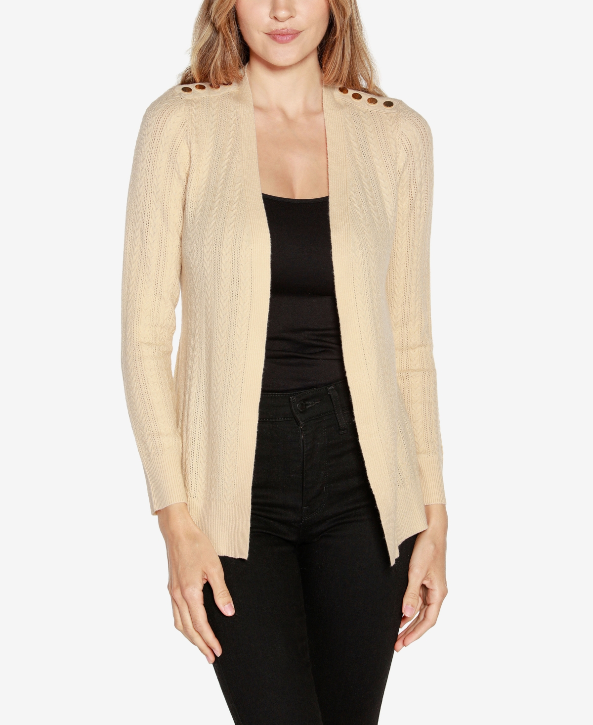 Belldini Black Label Women's Open Front Cable Knit Cardigan Sweater In Cream