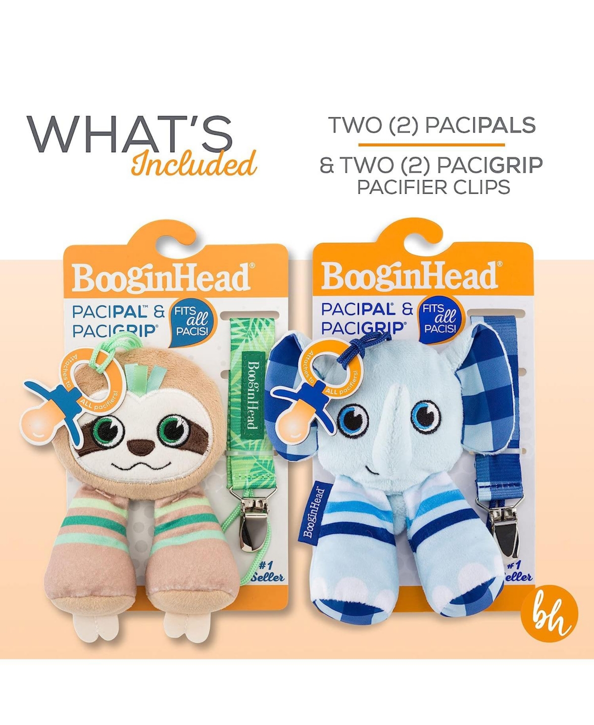 BooginHead Baby Pacifier Holder Stuffed Animal and Baby Pacifier Clip, 2-Pack Elephants & Sloth - Assorted Pre-pack