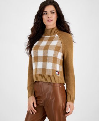 Women's Plaid-Front Mock-Neck Sweater