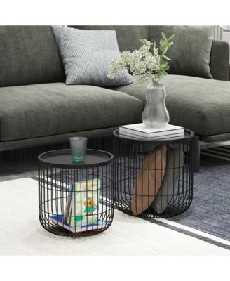 Stacking Nesting Tables, Round Coffee Table Set of 2, Black