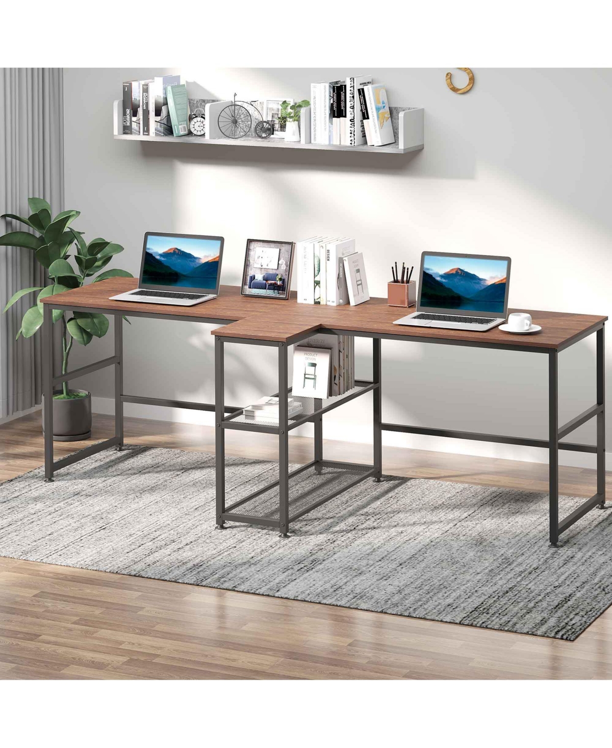 Homcom 83'' Two Person Desk w/ Storage Shelves, Double Computer Table Walnut
