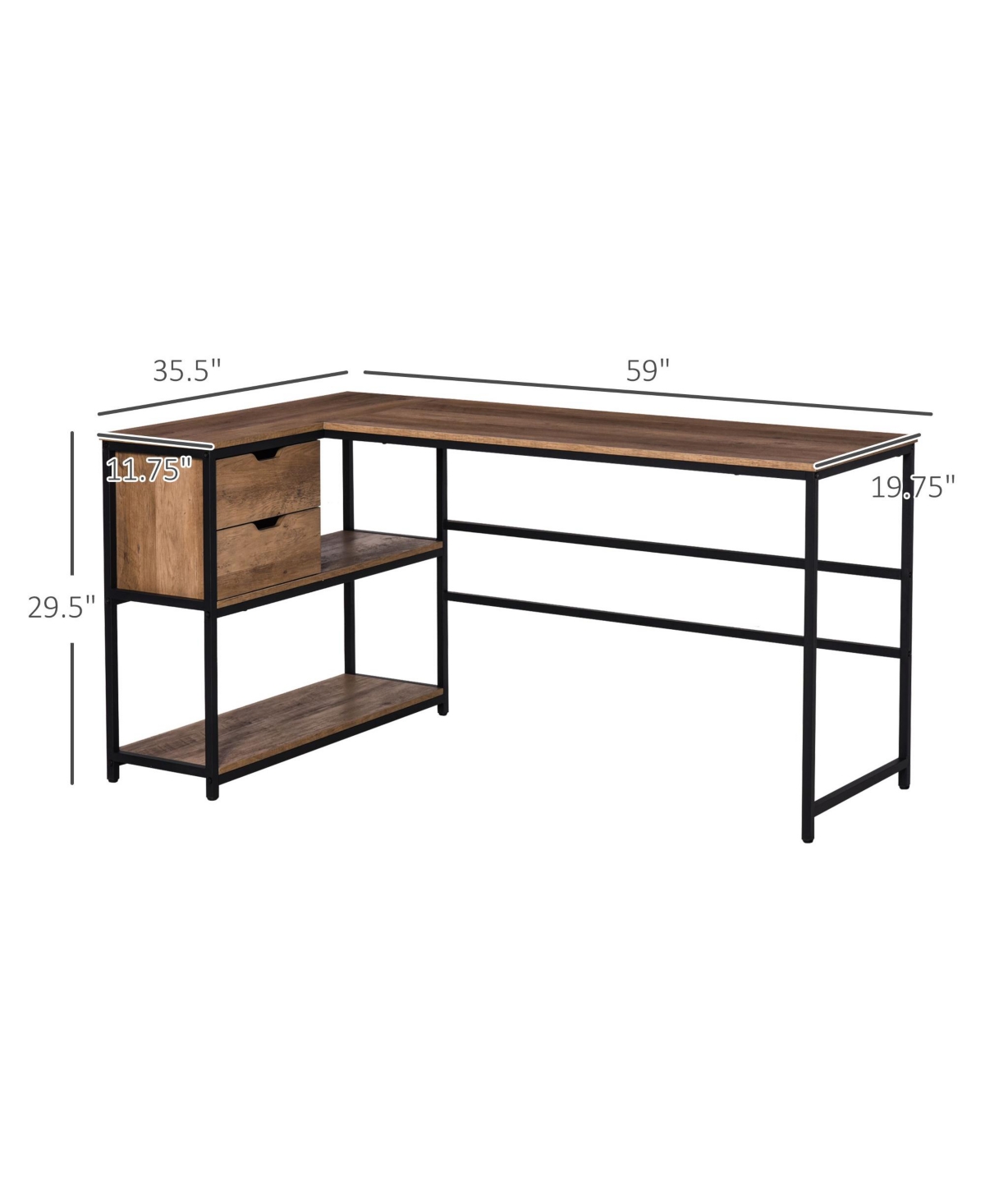 Homcom L-Shaped Home Office Computer Desk with Open Storage Shelves, Black- Brown