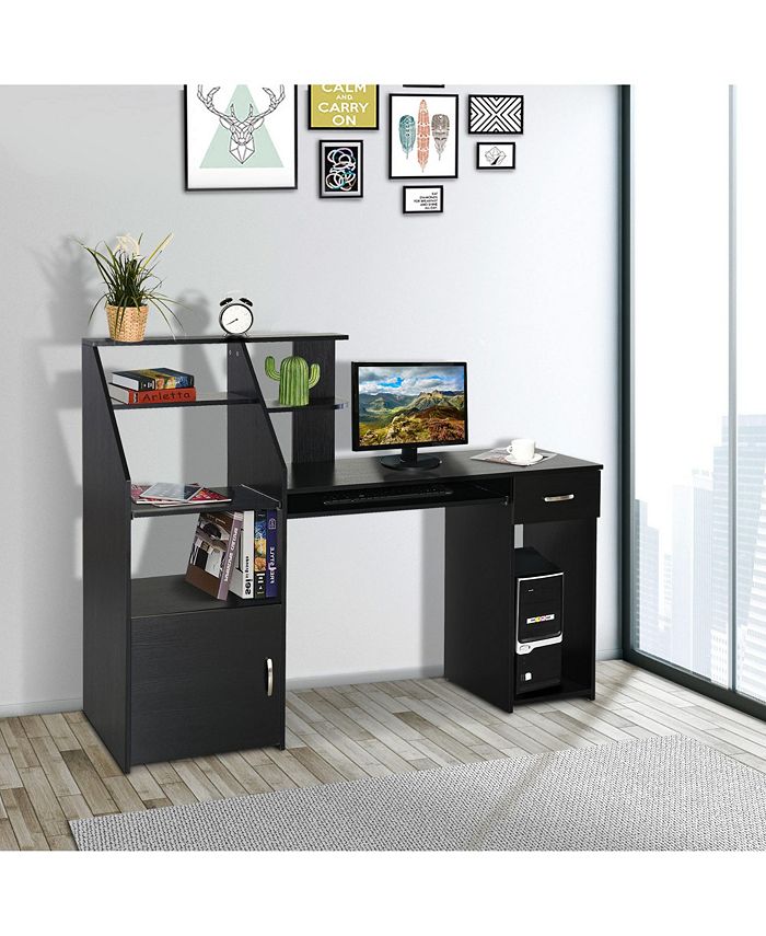 Computer Table with Keyboard, Shelves, Drawer Home Office Gaming