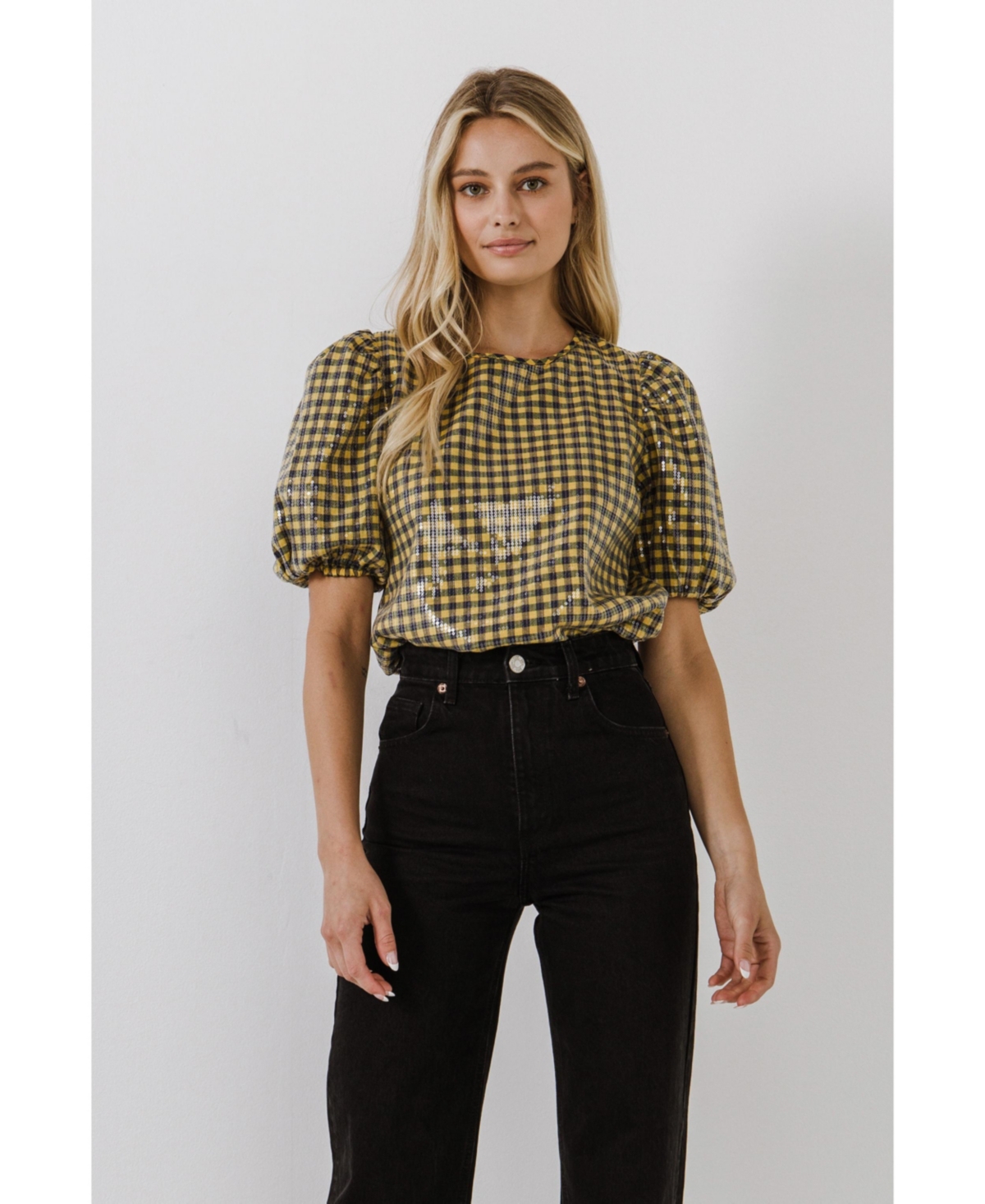 English Factory Women's Sequins Gingham Top -navy