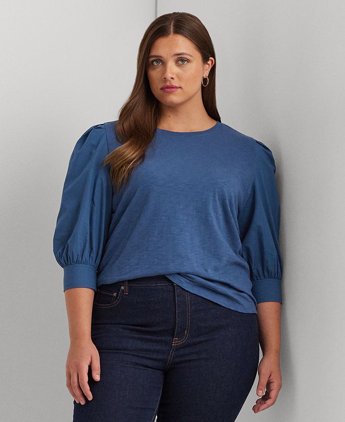 Lauren Ralph Lauren Plus Size Cotton Puff-Sleeve Top - Macy's